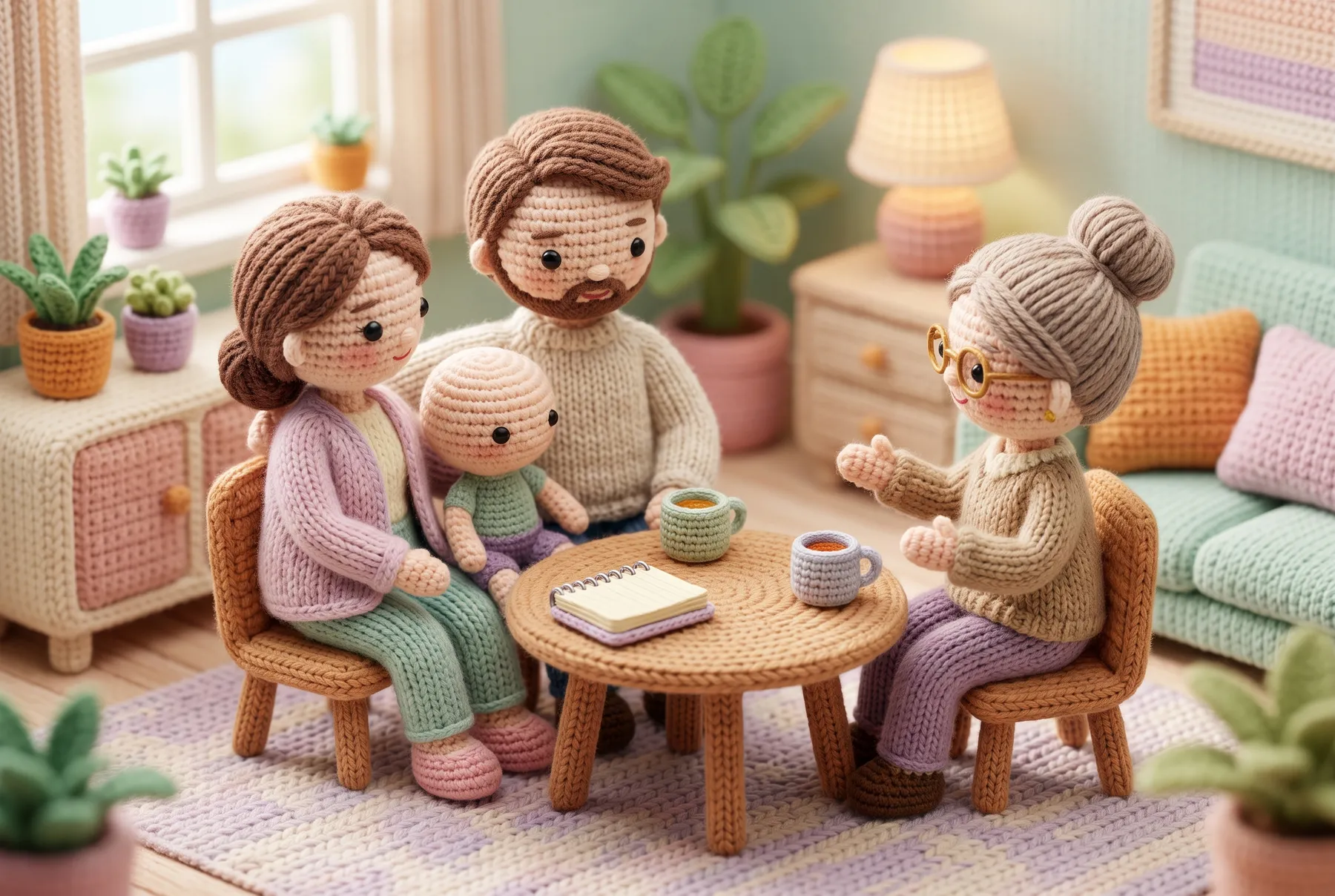 Anne, baba ve çocuğun bir uzmanla masa başında görüşmesi (örgü bebek çizimi)