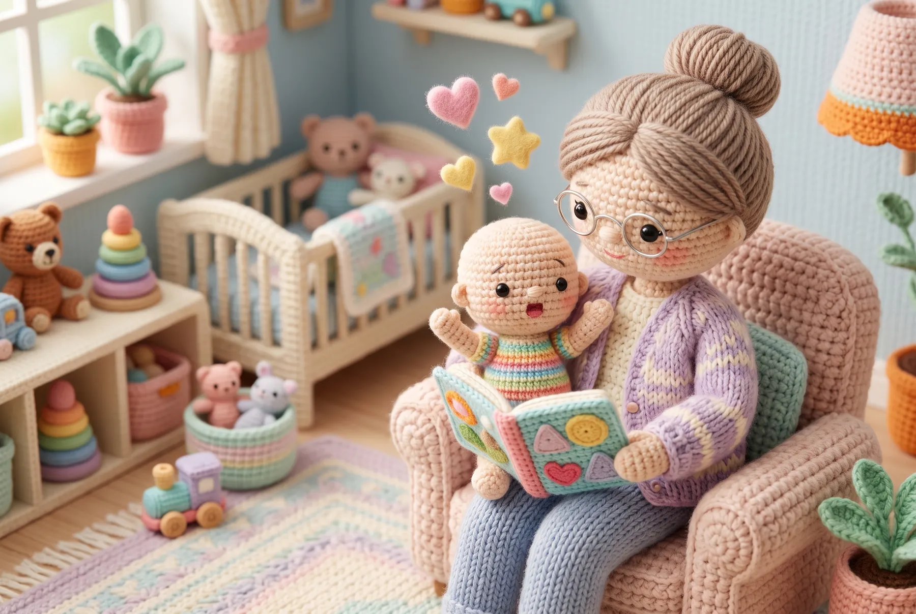 Koltukta bebeğine resimli kitap okuyan anne (örgü bebek çizimi)